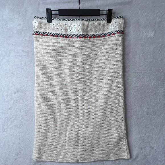 Tory Burch Donovan Skirt M Crochet Linen Beaded Boho - Picture 1 of 13